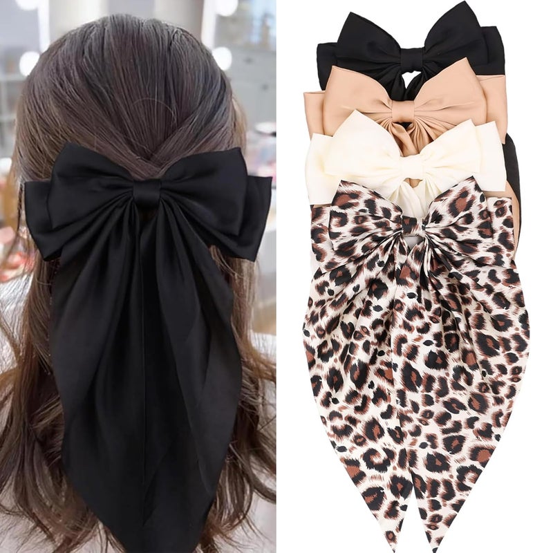 MRJ 4 Pcs Silky Satin Hair Bows Big Hair Ribbons for Women Large Hair Clips for Girls Hair Accessories Barrettes Metal Clips Bowknot Aesthetic - Image 1